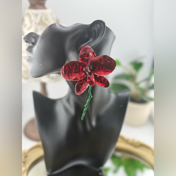 Zara Oversized Red Flower Statement Earrings – Artistic Floral Drop Jewelry - Picture 5 of 7